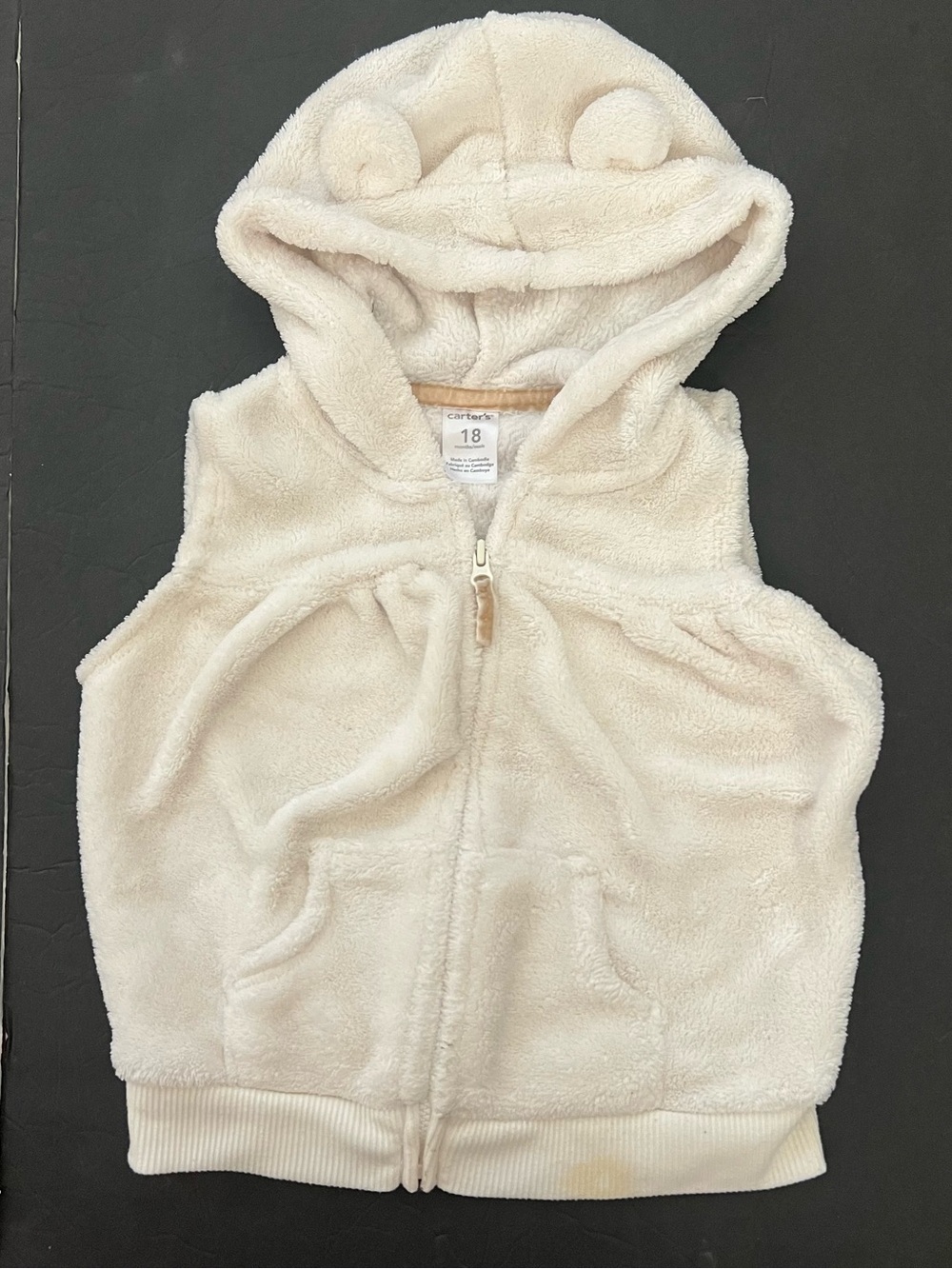 18M kids toddler Carter's Cream Sherpa Hooded Vest with Bear Ears 2 front pocket